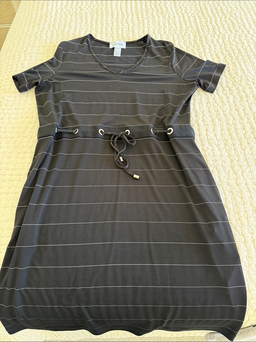Joseph Ribkoff Black Striped V-Neck Drawstring Mini Dress